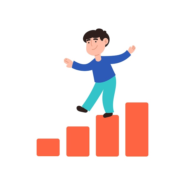 Boy walk on the statistical charts Diagram statistic infographics bar pie chart decline growth arrow data analysis Flat style Vector illustration of man in blue t shirt on white background