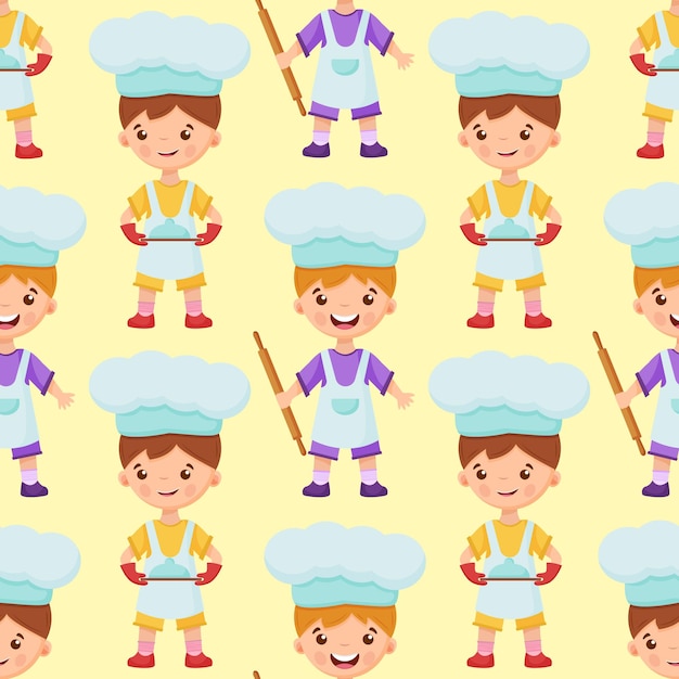 Boys bakers are holding a rolling pin and a tray with a dish Baguette paper bag