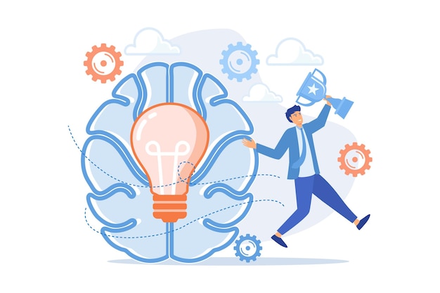 Brain with bulb and user and move for success confidence and winning competition motivation