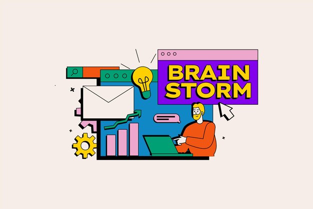 Brainstorm concept in the flat cartoon style A colorful illustration depicts a combination