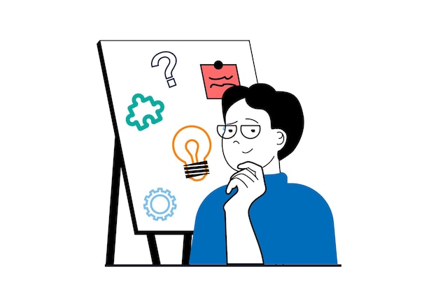 Brainstorming concept with people scene in flat web design Man creates mind map with ideas answering question for finding solutions Vector illustration for social media banner marketing material