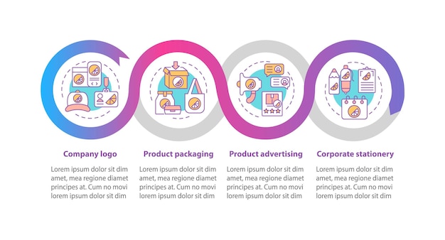 Brand touchpoints vector infographic template. Company logo, package presentation outline design elements. Data visualization with 4 steps. Process timeline info chart. Workflow layout with line icons