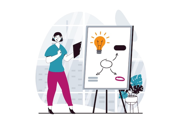 Branding team concept with people scene in flat design for web Woman planning development strategy and creating new ideas for brand Vector illustration for social media banner marketing material