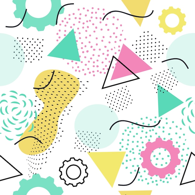 bright seamless pattern geometric shapes elements 80s style memphis retro background vector