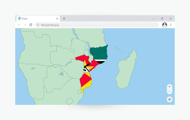 Browser window with map of Mozambique searching Mozambique in internet