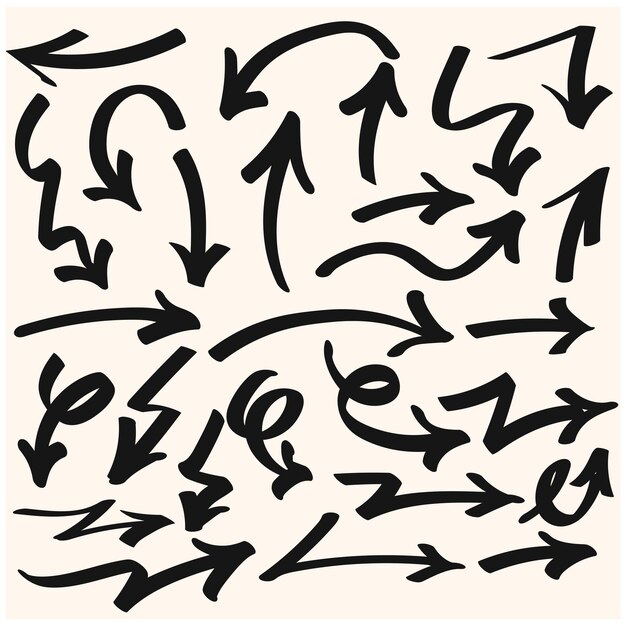 Brush marker drawn bold arrows set With illustration style doodle and line art