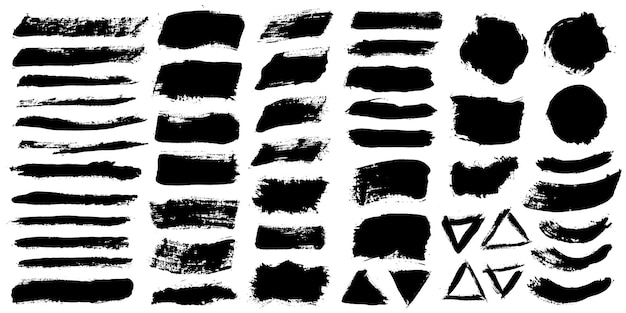 Brush strokes Vector paintbrushes set Grunge design elements Rectangle text boxes or speech bubbles Dirty distress texture banners Ink splatters Grungy painted speech bubbles