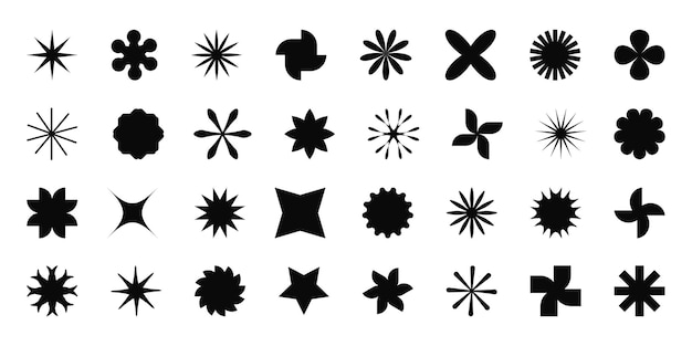 Brutal shapes simple geometric forms Elements of minimalist graphic design Set of stars and flowers