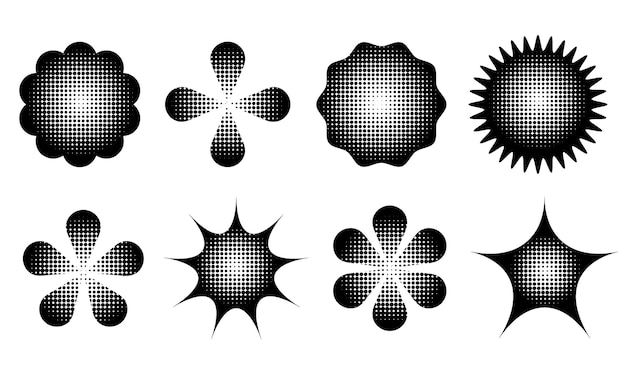 Brutalism colorful shapes icons with vintage dotted halftone texture trendy modern graphic element