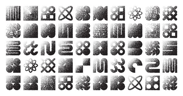 Brutalist geometric shapes dotted objects stipple elements modern symbols simple primitive forms