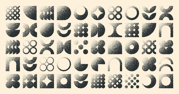 Brutalist geometric shapes dotted objects stipple elements modern symbols simple primitive forms