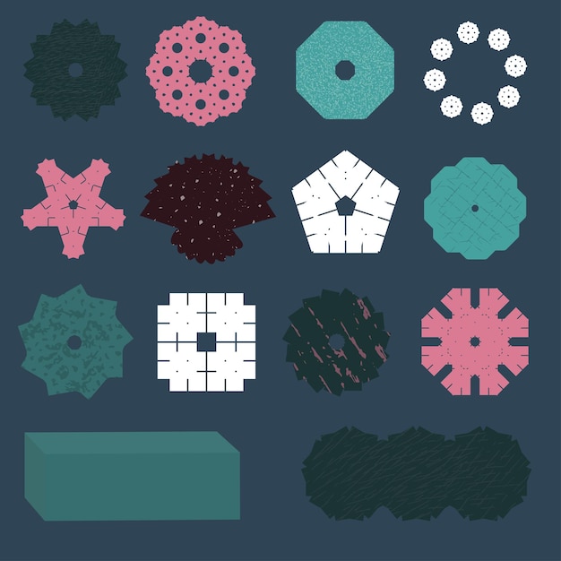 Brutalist sticker set with pink burgundy white and green shapes on dark blue background