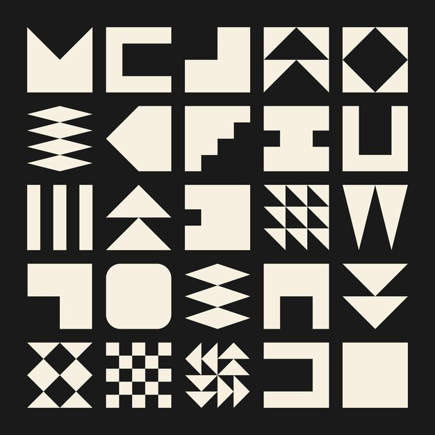 Brutalistiset geometriset muodot, värikkäät symbolit, yksinkertaiset alkeiselementit ja muodot, bauhaus-retrodesign