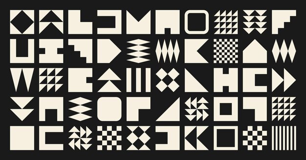 Brutalistiset geometriset muodot, värikkäät symbolit, yksinkertaiset alkeiselementit ja muodot, bauhaus-retrodesign