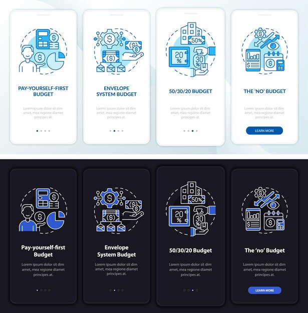 Budget approaches night and day mode onboarding mobile app screen