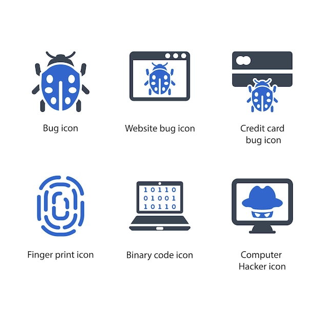 Bug Website bug Credit card bug Finger print Binary code Computer Hacker icon
