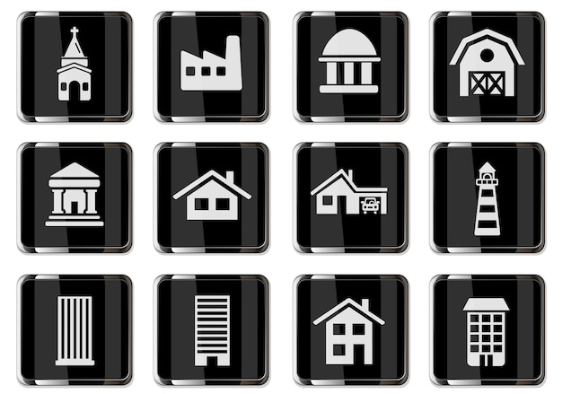 Building pictograms in black chrome buttons. icon set for your design. vector icons