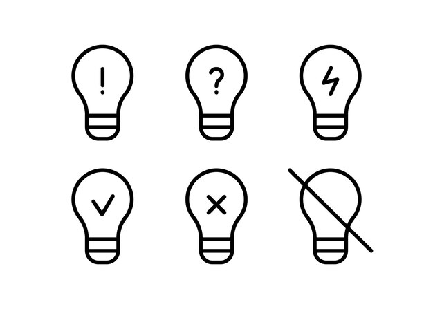 Bulb light different line icon set Lightbulb symbol as idea concept sign Lamp simple outline Vector