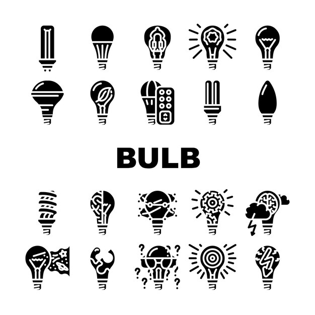 Bulb Lighting Electric Accessory Icons Set Vector Fluorescent And Halogen Light Bulb Led And Energy Save Electricity Equipment Electrical Innovation Technology Glyph Pictograms Black Illustrations