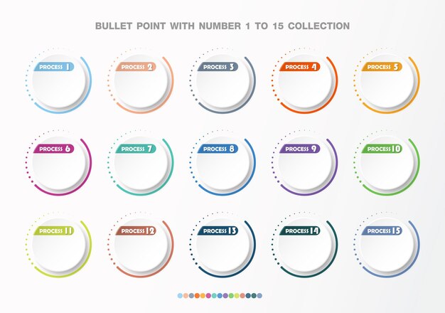 Bullet with number collection. Numbers from 1 to 15. Infographic buttons and points.