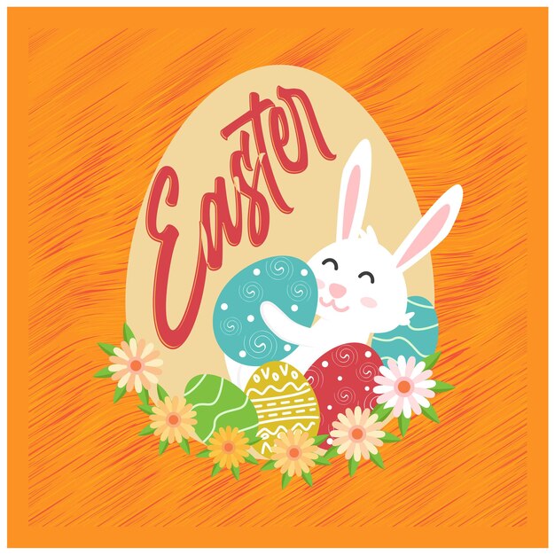bunny sleeping with easter eggs on flowers light color background easter 2025 concept flat vector illustration