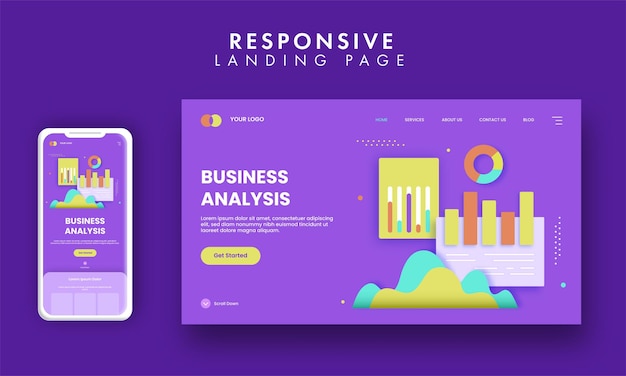 Business Analysis Concept Based Landing Page Design In Purple Color.