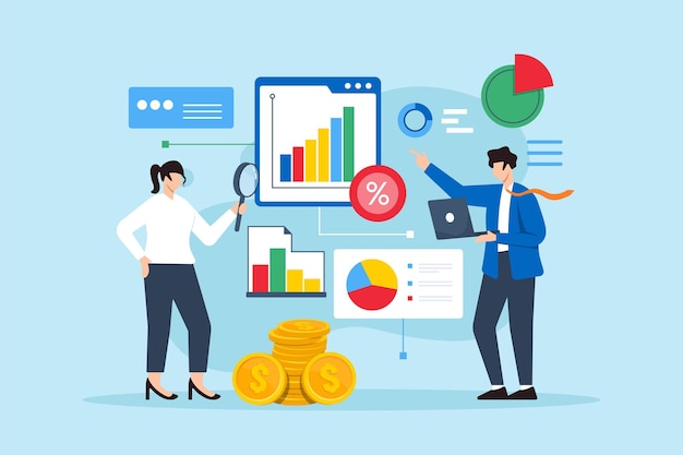 Business analyst analyzing indicators economic impact analysis concept vector illustration