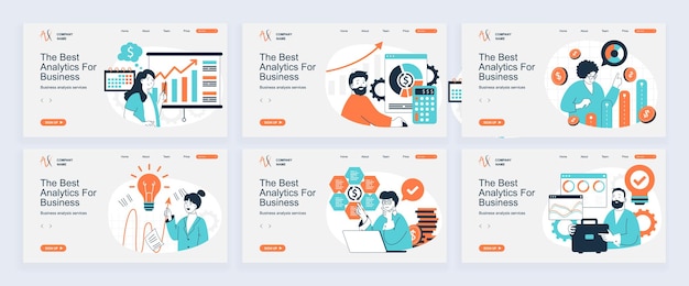 Business analytics concept of landing page with slide templates set in flat design Website headers with people analyzing data graphs monitoring calculating financial report Vector illustrations
