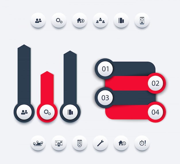 business analytics infographic elements, business report design, timeline, step labels, 1 2 3 4, growth arrows, round icons,   illustration