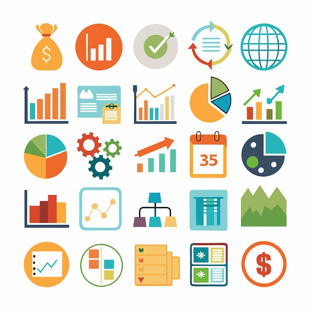 Business and Analytics Icons Comprehensive Set for Data Visualization and Financial Analysis