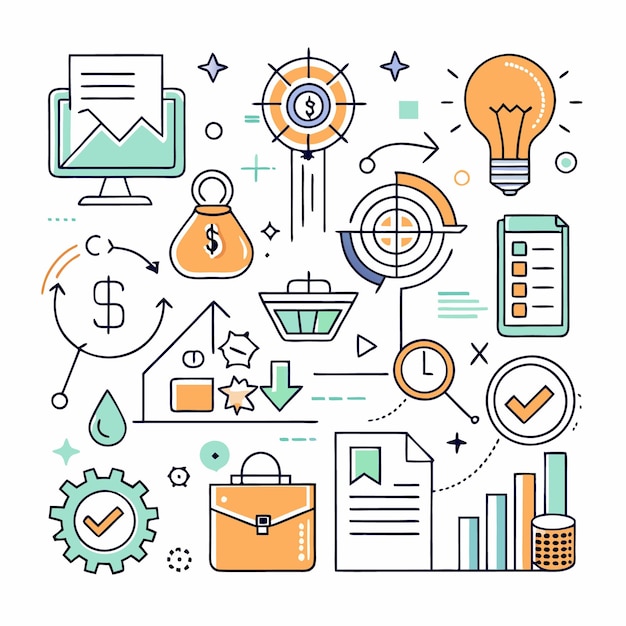 Business and finance concept illustrated with colorful line icons