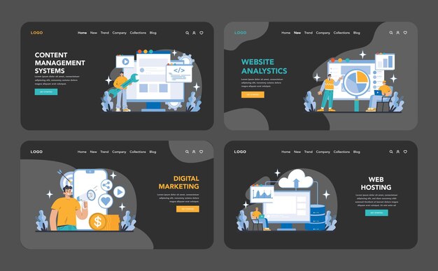Business and marketing night or dark mode web or landing page set integrated solutions for content