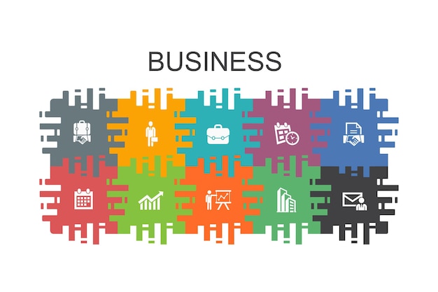 Business cartoon template with flat elements. Contains such icons as businessman, briefcase, calendar, chart