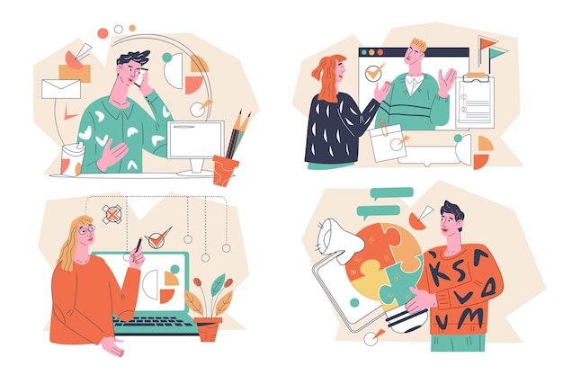Business collection with people managing workflow and communicating with colleagues flat vector isolated