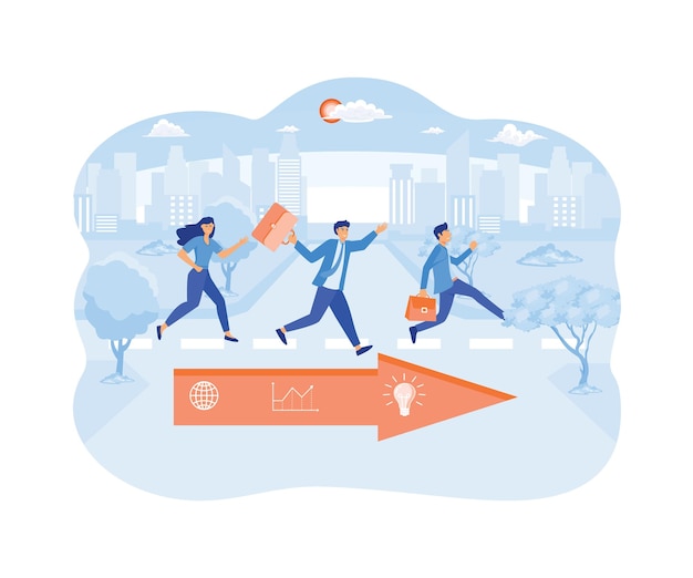Business competition Three business people racing with arrows flat vector modern illustration