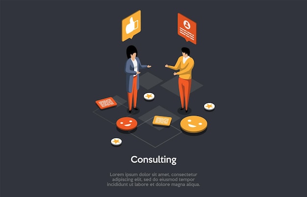 business consultant advisor or expertise online presentation strategy and analysis concept woman consultant advises client and helping to solve problems isometric 3d cartoon vector illustration
