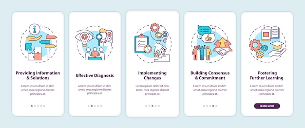 Business consulting stages onboarding mobile app page screen with concepts