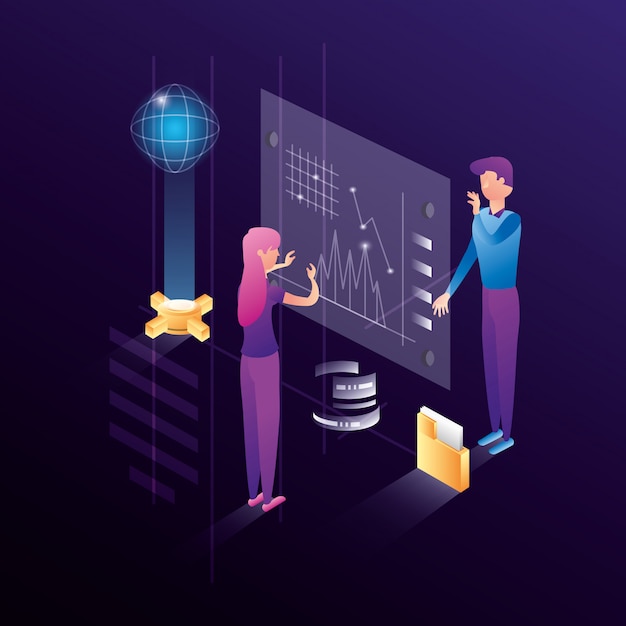 Business couple with data center network icons