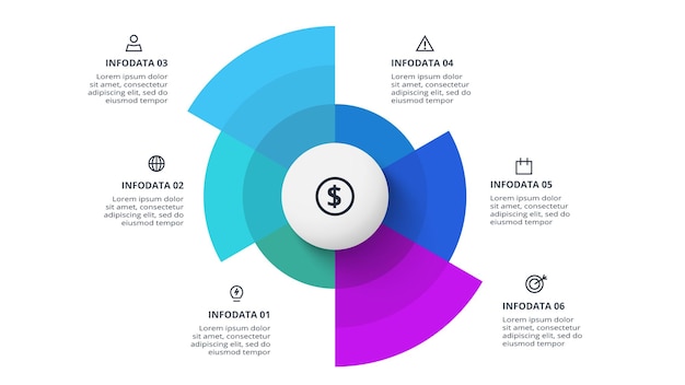 business data visualization elements of graph diagram with 6 steps options parts or processes