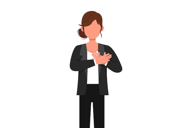 Business flat cartoon style drawing of businesswoman keeping hands on chest Female suffering from chest pain or heart attack Healthcare Emotion and body language Graphic design vector illustration