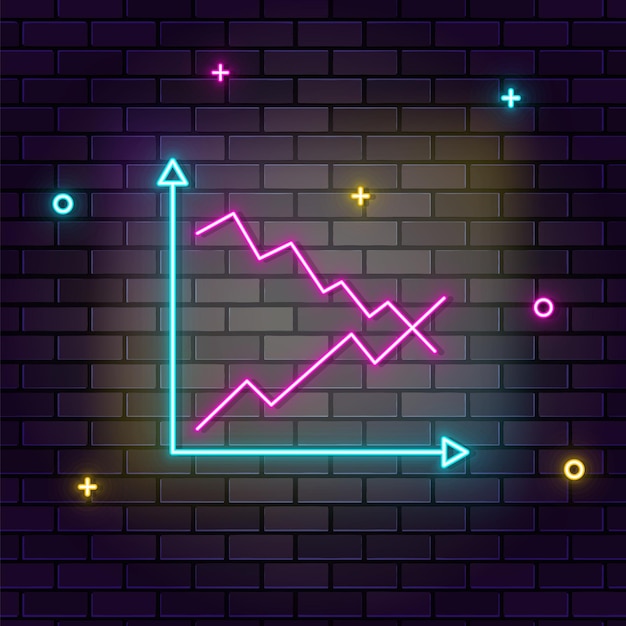 Business growth graph multicolor neon icon on dark brick wall