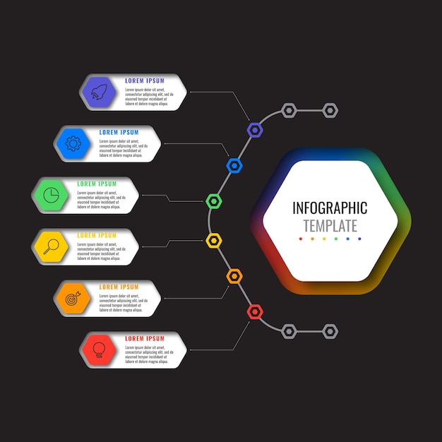 business infographic template with six realistic hexagonal elements with thin line icons on black