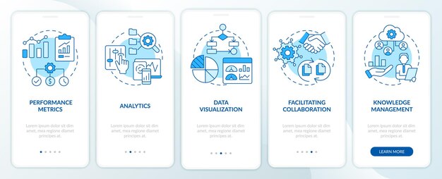 business intelligence functions blue onboarding mobile app screen