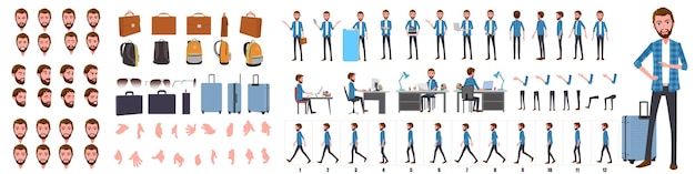 Business Man Character Design Model Sheet  Front side back view and Side walkcycle animation