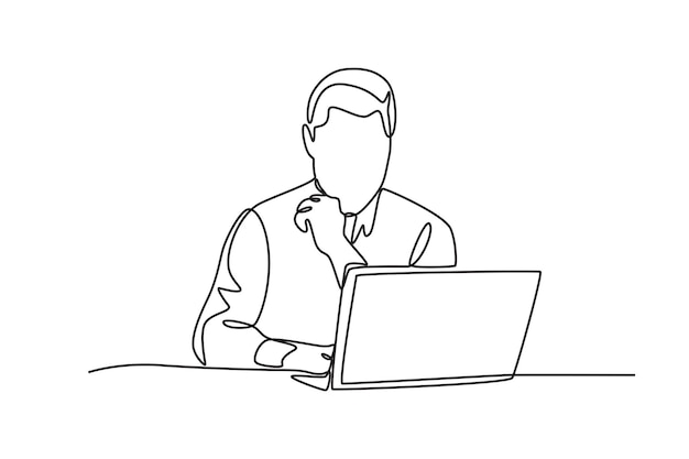 Business man is thinking about work Business person with laptop concept oneline drawing