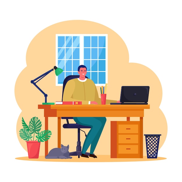 Business man  is working on the laptop computer at his desk. Manager sitting on chair. Workplace for worker, employee. flat design