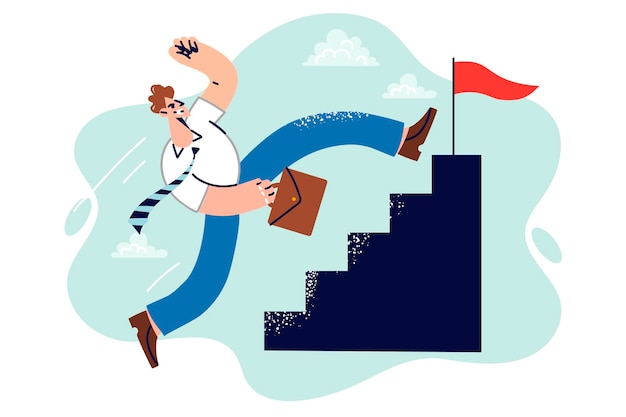 Business man leader runs up stairs trying to be first to reach finish line ahead of competitors