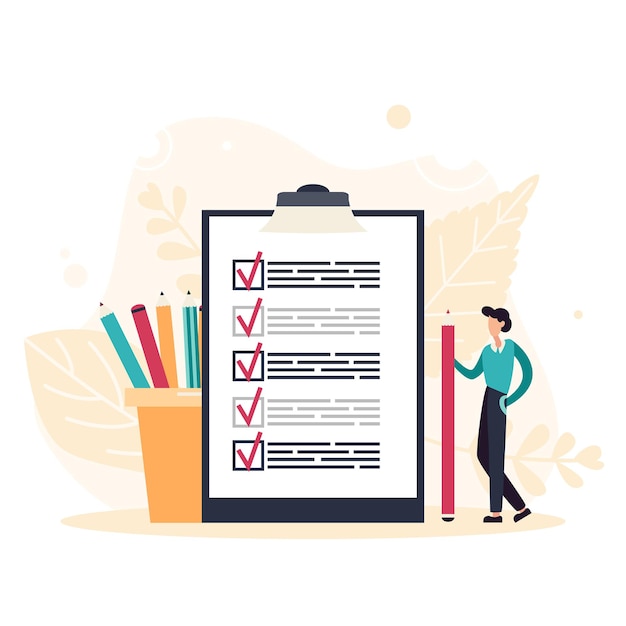 business man with giant pencil nearby marked checklist on a clipboard paper. successful completion of tasks. flat vector illustration.