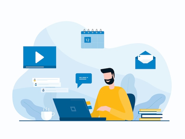 business man working at workplace with technology telecomputing and smart working concept