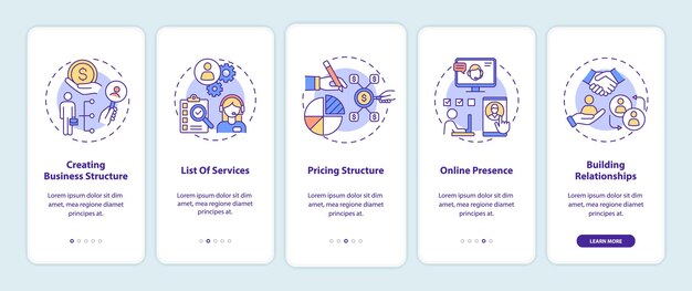 Business management onboarding mobile app page screen with concepts